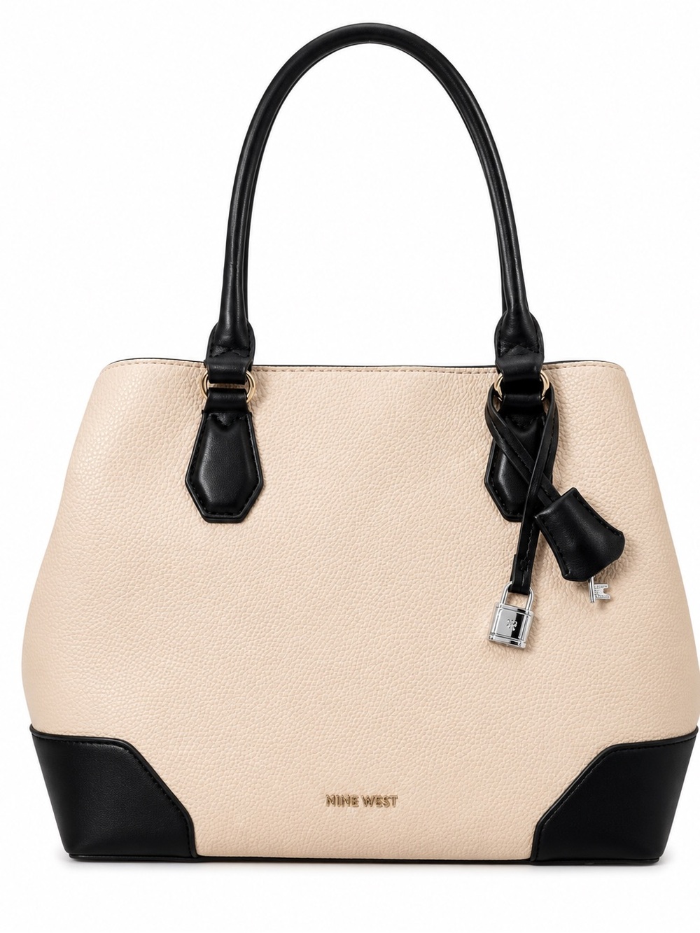 Nine West Beige & Black Pebbled Tote with Lock Charm
